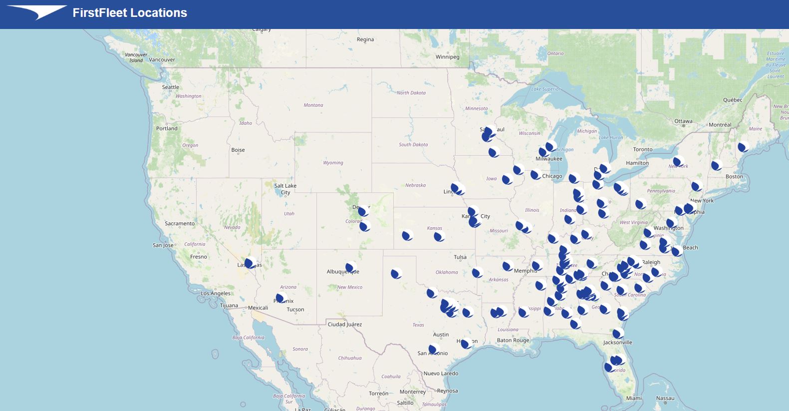 United States map showing all 140 cities where FirstFleet has offices