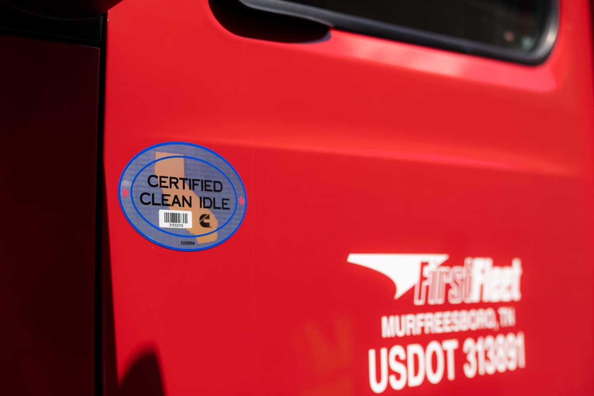 Door of FirstFleet truck with Certified Clean Idle emblem